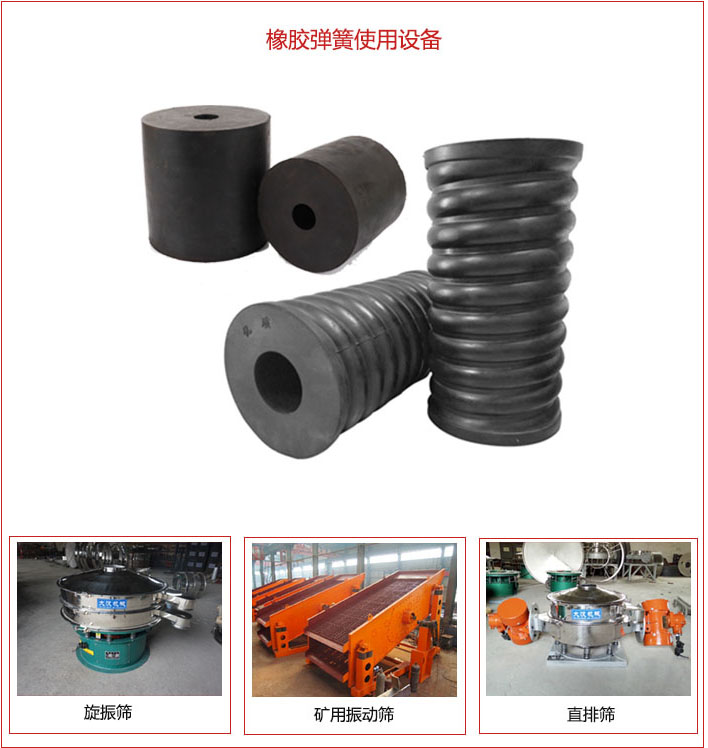 橡膠彈簧適用設(shè)備:旋振篩,礦用振動(dòng)篩,直排篩等