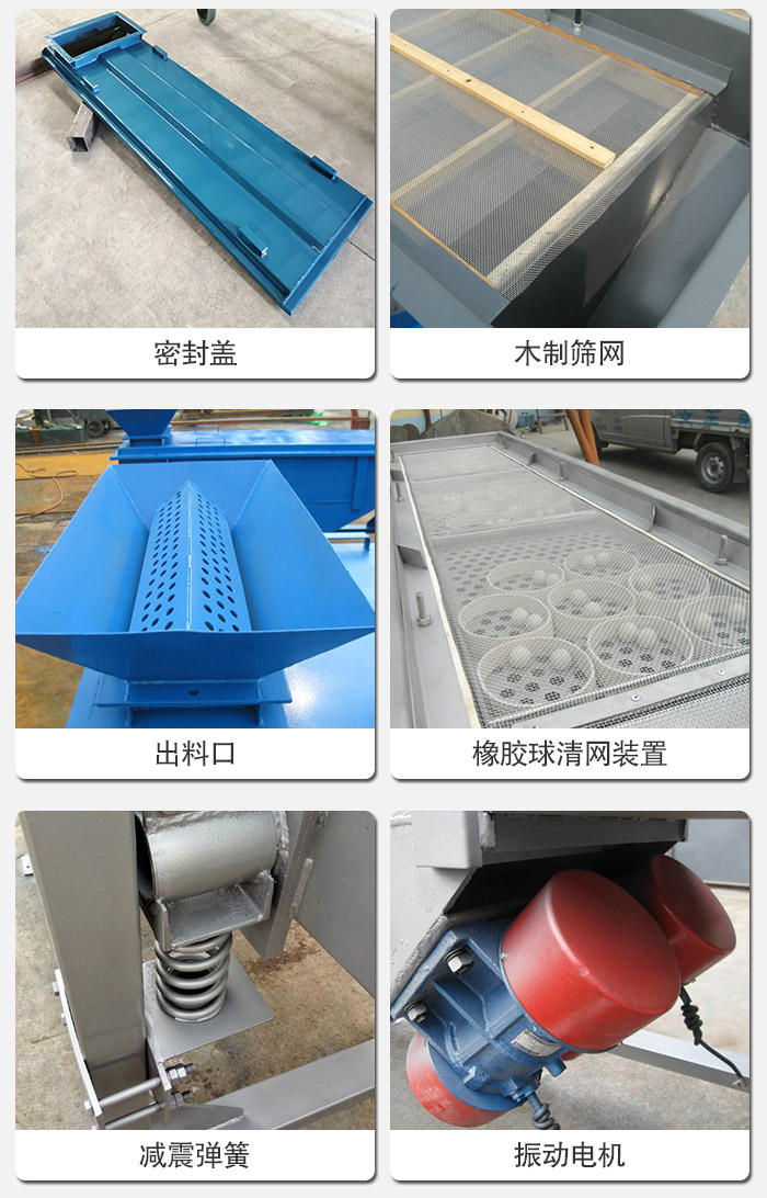 直線篩分機的結構展示圖:篩箱是物料主要篩分設備之一,篩網(wǎng)用于篩分物料,振動電機幫助篩網(wǎng)篩分。