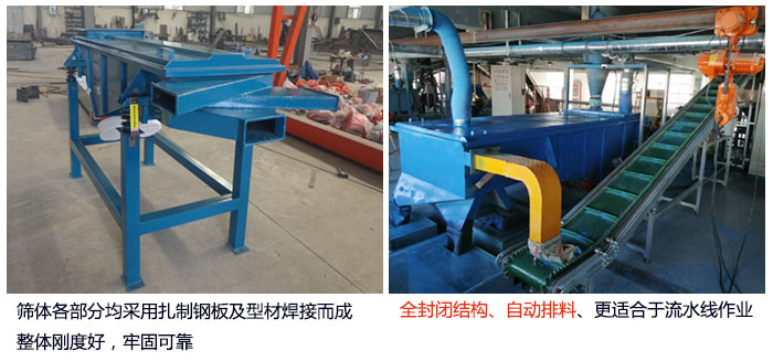 直線篩分機篩體各部分均采用扎制鋼板及型材焊接而成整體剛度好,牢固可靠;全封閉結構、自動排料、更適合于流水線作業(yè)。