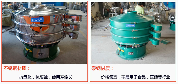 800型振動篩有不銹鋼和碳鋼兩種材質,不銹鋼材質:抗氧化,抗腐蝕,使用壽命長 碳鋼材質:價格便宜,不易篩分食品,化工,醫(yī)藥等行業(yè)的物料。
