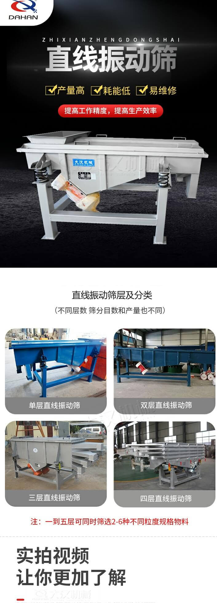 直線振動(dòng)篩概述，產(chǎn)量高，耗能低，易維修，提高工作精度，提高生產(chǎn)效率，直線振動(dòng)篩層級(jí)分類：不同層數(shù)，篩分目數(shù)和產(chǎn)量也不同：?jiǎn)螌?，雙層，三層，四層等。