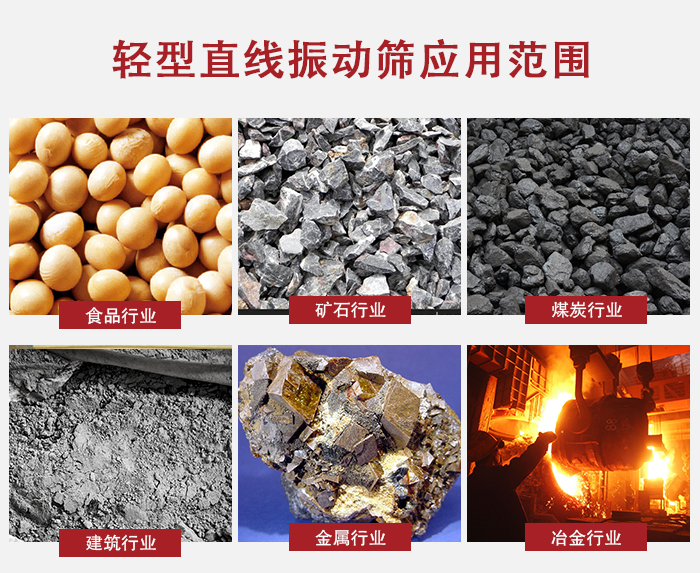 輕型直線振動篩應用范圍較廣多使用與顆粒狀，粉狀以及其它重型行業的輸送。