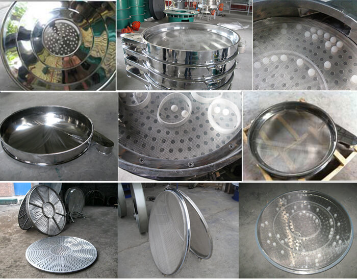 食品振動篩細節展示：防塵蓋，篩框，網架，底框等。